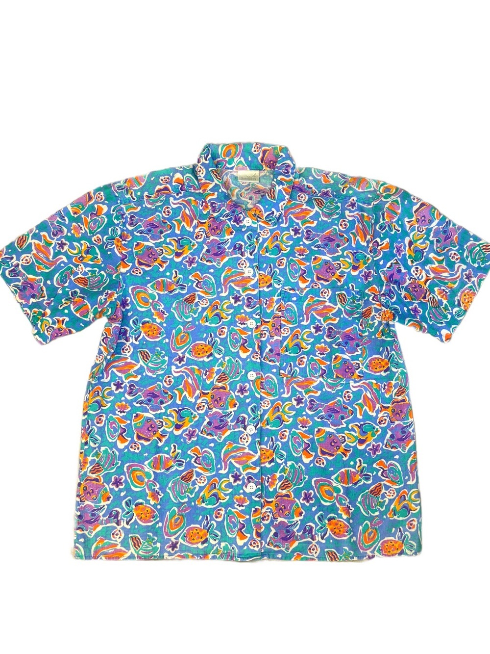 Vintage Women’s Blue Tropical Print Short Sleeve Shirt